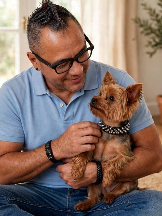 Moe Train with Nietzsche, his Yorkshire terrier