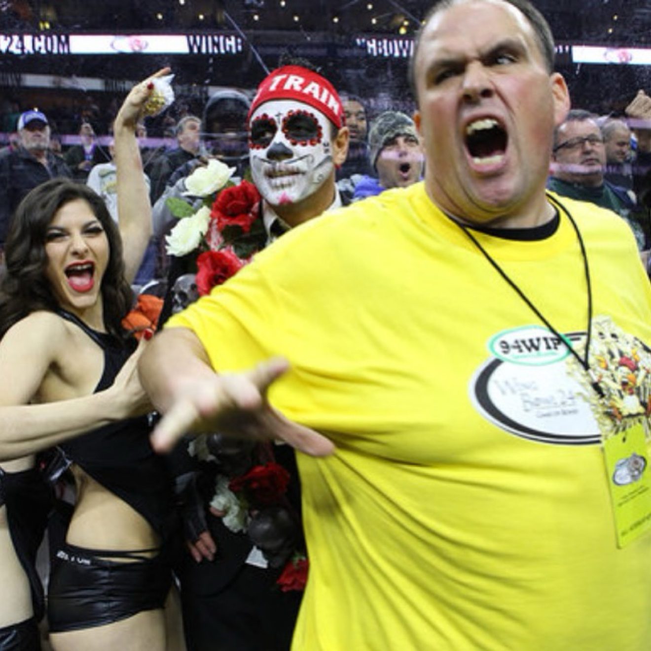 Moe backstage at Wing Bowl beneath his Moe Train skull logo