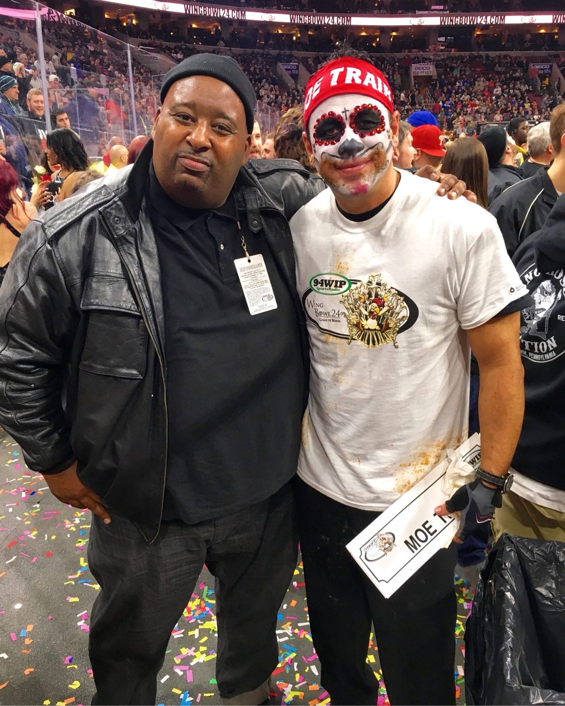 Moe with a fellow eater at Wing Bowl 24 in his 94WIP shirt