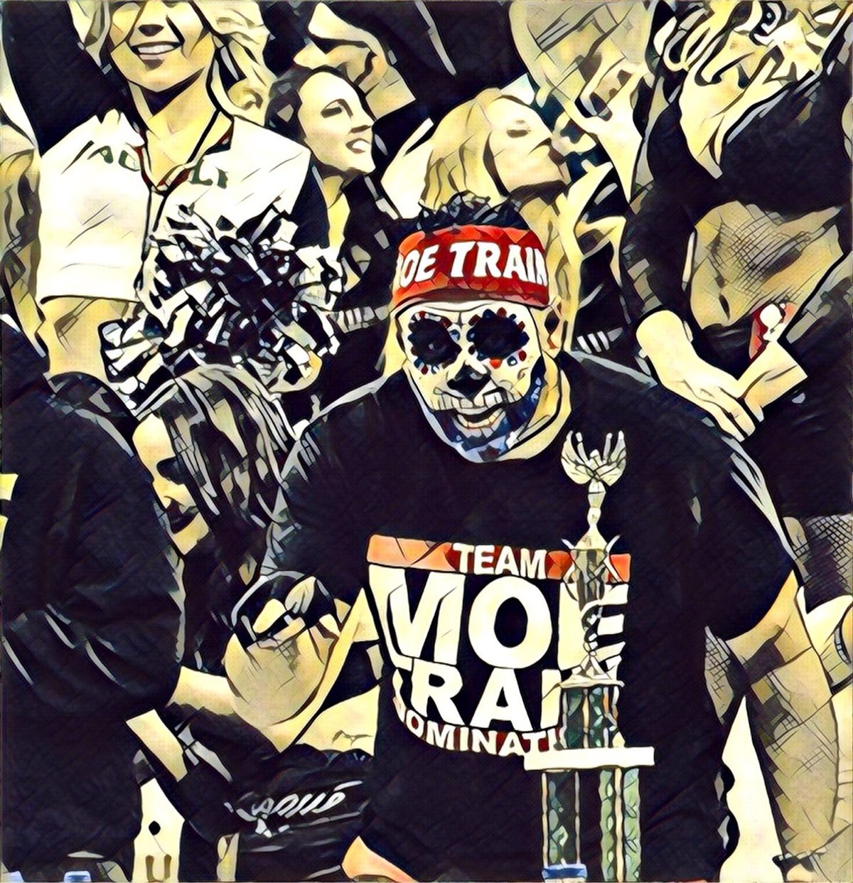 Stylized photo of Moe holding his Wing Bowl trophy in sugar skull paint