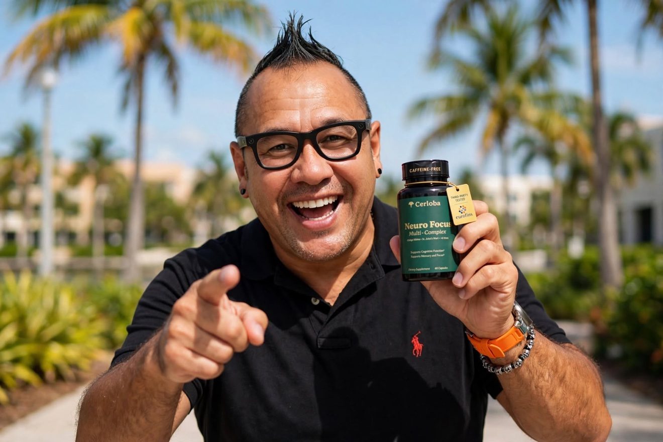 Moe outdoors holding a Cerloba Neuro Focus bottle and pointing at the camera