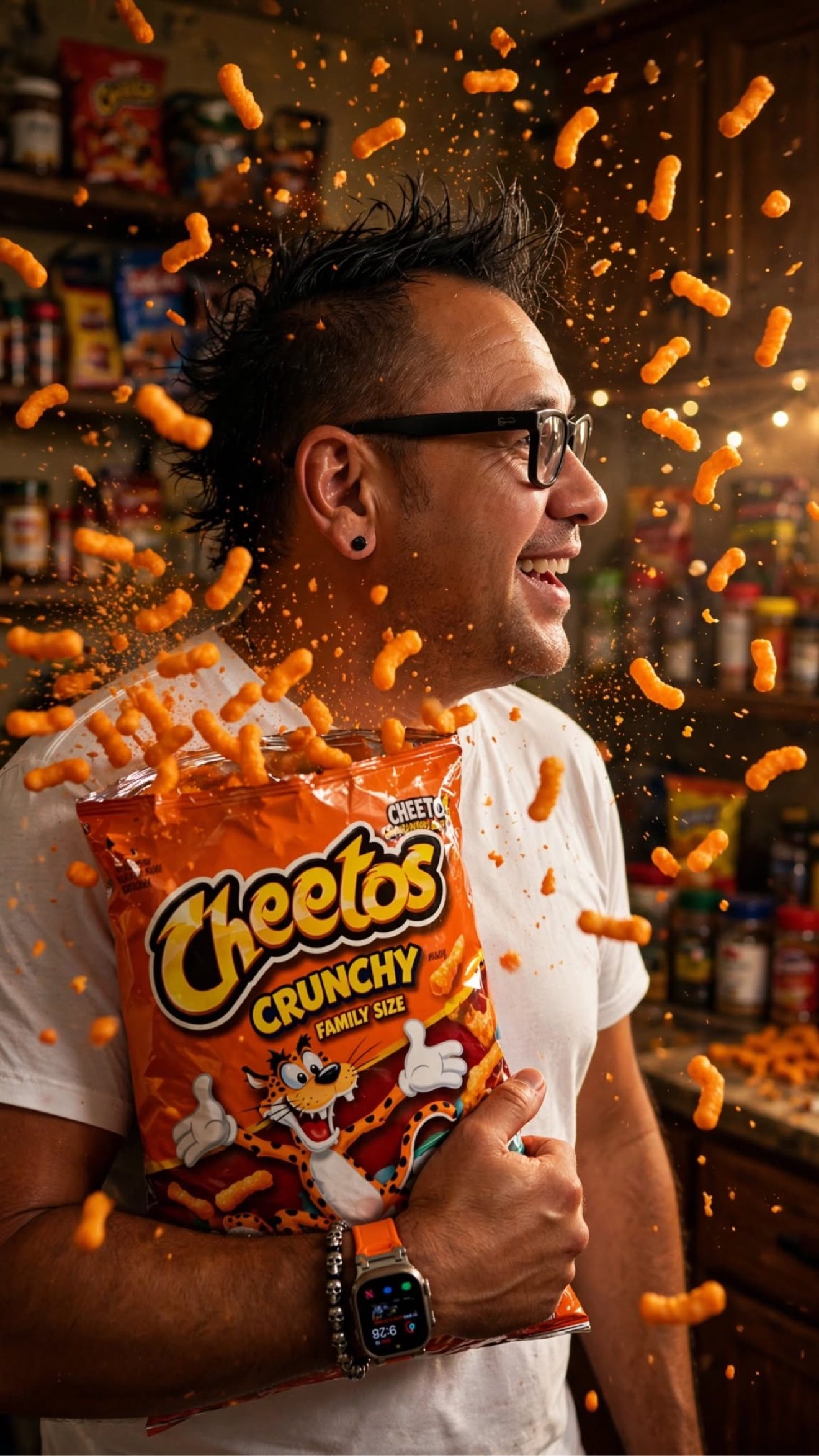 Moe in a kitchen holding a family-size bag of Cheetos Crunchy with cheese puffs flying everywhere