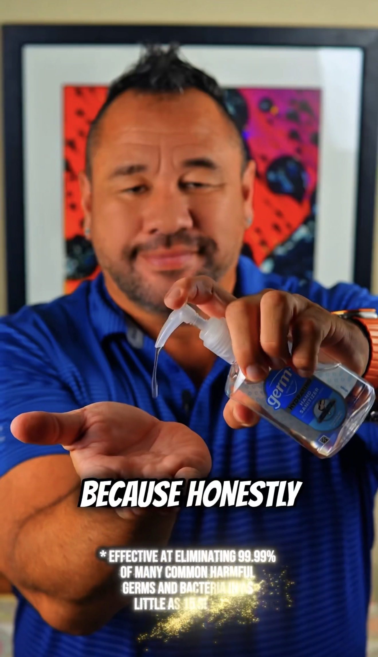 Moe dispensing Germ-X hand sanitizer toward the camera