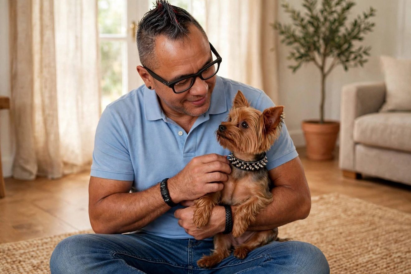 Moe sitting on the floor holding Nietzsche the Yorkie in a bright living room